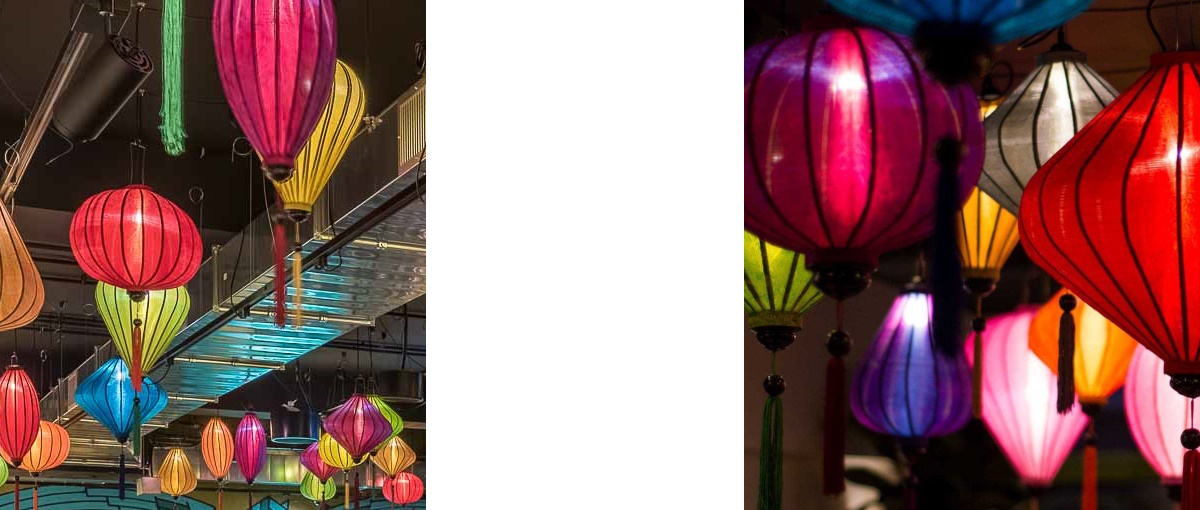 Kleurige decoratie met indigo chinese lampionnen