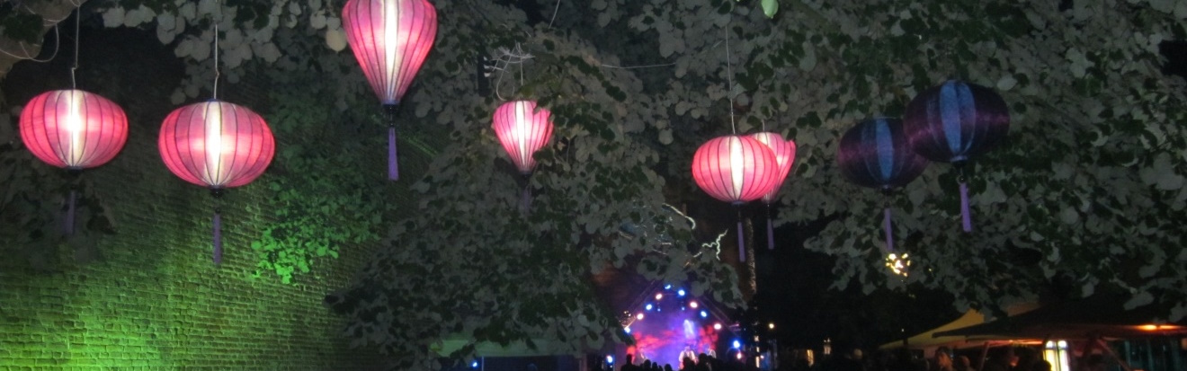 Paarse lampionnen in een boom bij een event